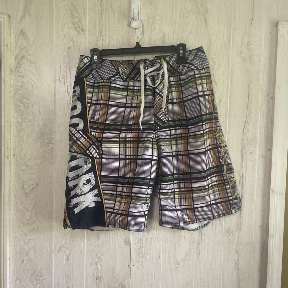 ZOO YORK Boardwalk Liberty Shorts Swim Trunks‎ Unlined Drawstring Mens 31 Plaid